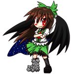  bow brown_hair chibi crossed_arms full_body hair_bow lowres mismatched_footwear r-18_jii red_eyes reiuji_utsuho solo touhou transparent_background wings 