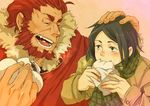  ahoge armor baozi beard black_hair cape eating facial_hair fate/zero fate_(series) food food_on_face green_eyes kingfrogs male_focus multiple_boys red_eyes red_hair rider_(fate/zero) scarf waver_velvet 