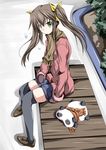  brown_hair gloves green_eyes hair_ribbon huang_lingyin infinite_stratos long_hair mister_(black_and_white) ribbon scarf sitting solo thighhighs twintails winter_clothes 