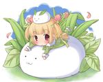  :3 bad_id bad_pixiv_id blonde_hair blush chibi creature dress flower leaf looking_at_viewer mizuno_mumomo original red_eyes short_hair short_twintails snow_bunny solo twintails two_side_up yellow_dress 