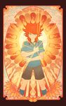  amemiya_taiyou arakumo_gakuen arakumo_gakuen_soccer_uniform armband green_eyes inazuma_eleven_(series) inazuma_eleven_go kinakorondo kneehighs male_focus orange_hair pun soccer_uniform solo sportswear sun sunburst 