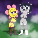 anthro armwear bedroom_eyes big_breasts boots bovid breasts caprine choker cleavage clothed clothing curvy_figure duo elbow_gloves female flower footwear genitals gloves grey_body grey_skin hands_behind_head handwear hi_res high_heels humanoid jewelry kamirappa legwear lingerie lipstick looking_at_viewer makeup mammal narrowed_eyes necklace nipples nude nude_female parappa_the_rapper plant rammy_lamb seductive sheep shoes sony_corporation sony_interactive_entertainment standing stockings sunny_funny um_jammer_lammy voluptuous vulva yellow_body