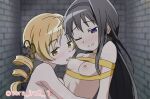  2girls akemi_homura black_hair black_hairband blonde_hair blush bound breasts clenched_teeth drill_hair hairband highres indoors large_breasts licking licking_nipple long_hair mahou_shoujo_madoka_magica mahou_shoujo_madoka_magica_(anime) multiple_girls naked_ribbon nipple_stimulation nipples nude official_style one_eye_closed purple_eyes ribbon ribbon_bondage saliva small_breasts sora_nyan teeth tomoe_mami twitter_username upper_body yellow_eyes yuri 