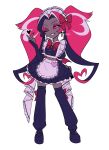  1girl ;d absurdres alternate_costume apron black_hair black_shirt black_shoes black_skirt black_thighhighs bow bowtie buttons collared_shirt colored_sclera commentary_request crop_top dark-skinned_female dark_skin earrings enmaided eyeshadow fewer_digits finger_heart frilled_apron frilled_skirt frills full_body grin hazbin_hotel headdress heart heart_button hellaverse highres jewelry juliet_sleeves long_hair long_sleeves looking_at_viewer loose_thighhigh maid maid_apron maid_headdress makeup mary_janes menma_(enaic31) midriff miniskirt multicolored_hair one_eye_closed petticoat puffy_sleeves red_bow red_bowtie red_eyeshadow red_hair red_sclera red_wings shirt shoes signature simple_background skirt skirt_hold skull_earrings smile solo standing streaked_hair thighhighs twintails velvette_(hazbin_hotel) very_long_hair waist_apron white_apron white_background white_eyes white_hair white_headdress wings zettai_ryouiki 