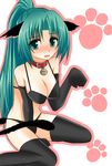  animal_ears asahana_jun bell bell_collar bikini blush breasts cat_ears cat_tail collar green_hair higurashi_no_naku_koro_ni jingle_bell large_breasts long_hair paw_pose paw_print ponytail solo sonozaki_mion swimsuit tail thighhighs 