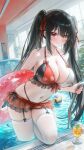  1girl absurdres artist_name ball bare_shoulders bikini bikini_skirt black_hair blunt_bangs blush breasts ceiling chinese_commentary cleavage clock_eyes closed_mouth collarbone commentary_request cup date_a_live day drinking_glass dutch_angle frilled_bikini frilled_innertube frills front-tie_bikini_top front-tie_top garter_straps hair_between_eyes hair_ribbon heterochromia highres indoors innertube juice large_breasts liht long_hair looking_at_viewer microskirt mint multi-strapped_bikini_bottom multicolored_bikini navel picture_frame plant pool pool_ladder poolside potted_plant red_bikini red_hair red_ribbon ribbon sidelocks skirt smile soaking_feet solo stomach swim_ring swimsuit symbol-shaped_pupils thighhighs thighs tile_floor tiles tokisaki_kurumi twintails two-tone_bikini very_long_hair volleyball water wet white_thighhighs window yellow_eyes 