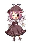  ;d animal_ears asahana_jun blush chibi earrings hat jewelry mystia_lorelei one_eye_closed open_mouth outstretched_arms pink_eyes pink_hair short_hair simple_background smile solo spread_arms touhou wings 