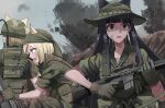  3girls absurdres ammunition_pouch animal_ears assault_rifle black_eyes black_hair blonde_hair blue_eyes boonie_hat cat_ears combat_helmet commentary dirty dirty_clothes dirty_face english_commentary field_radio finger_on_trigger green_hat green_jacket green_pants gun hat helmet highres jacket long_hair m16 m16a1 military military_combat_uniform military_rank_insignia military_uniform multiple_girls nguyen_tam_lee open_mouth original pants pouch radio_handset revision rifle short_hair sleeves_rolled_up sweat under_fire vietnam_war weapon 