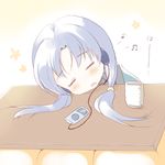  =_= alternate_hairstyle bad_id bad_pixiv_id beamed_eighth_notes blush chibi closed_eyes digital_media_player earphones eighth_note head_rest idolmaster idolmaster_(classic) kisaragi_chihaya komi_zumiko kotatsu musical_note open_mouth solo table twintails 