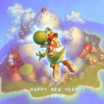  2012 arm_up aura baby bad_id bad_pixiv_id brown_hair building cloud creature diaper english flower happy_new_year hat island jumping looking_back looking_up male_focus mario mario_(series) mountain new_year ocean om_(carbohydratism) riding shoes super_mario_bros. super_mario_world_2:_yoshi's_island text_focus tower volcano yoshi younger 