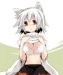  animal_ears bare_shoulders blush bra breasts cleavage detached_sleeves highres inubashiri_momiji large_breasts lingerie maturiuta_sorato no_hat no_headwear red_eyes shirt_lift short_hair silver_hair simple_background skirt solo touhou underwear upper_body wolf_ears 