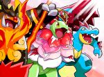  absurdres antennae artist_name black_fur blue_skin boar claws colored_skin crocodilian emboar fangs feraligatr fiery_hair fire flaming_weapon flower green_skin harlequinwaffles highres holding holding_staff hood hunched_over long_neck mega_emboar mega_feraligatr mega_meganium mega_pokemon meganium no_humans orange_fur orange_skin pokemon pokemon_(creature) pokemon_focus sauropod skin_fangs spikes spines staff starter_pokemon_trio thick_eyebrows tusks weapon yellow_eyes 