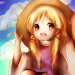  amanojaku bad_id bad_pixiv_id blonde_hair cloud day hair_ribbon hands_on_headwear hat high_collar highres moriya_suwako ribbon short_hair smile solo touhou yellow_eyes 