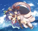  bad_id bad_pixiv_id blue_hair boots bow carrying cloud flying food fruit hat hat_bow highres hinanawi_tenshi holding_hands interlocked_fingers konbu_ame leaf long_hair looking_at_viewer multiple_girls nagae_iku open_mouth peach purple_hair red_eyes shawl short_hair skirt sky smile touhou 