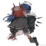  2girls arknights asymmetrical_gloves black_gloves black_jacket blue_hair chinese_commentary commentary_request fiammetta_(arknights) finger_on_trigger floating_hair gloves gun halo handgun head_wings highres holding holding_gun holding_weapon horns jacket kiss long_hair mismatched_gloves mostima_(arknights) multiple_girls qianxidasuan_(suan_wu_cao) red_hair shirt short_hair simple_background upper_body watermark weapon weibo_watermark white_background white_gloves white_shirt wings yuri 