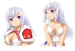  arin bare_shoulders blue_eyes blue_hair blush bow breast_squeeze breasts capelet christmas cleavage jewelry kasuga_yukihito large_breasts long_hair pangya sidelocks smile solo 