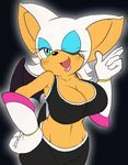  bat bat_ears bat_wings big_breasts breasts cleavage clothed clothing color eyelashes female fur huge_breasts large_breasts looking_at_viewer mammal michiyoshi one_eye_closed pose rouge_the_bat sega solo sonic_(series) sonic_riders sonic_the_hedgehog sports_bra standing white_fur wide_hips wings wink 