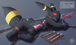 ball_gag balls bdsm black_body black_fur bondage bound eeveelution erection feral fur gag gagged generation_2_pokemon genitals hi_res n1k0 nintendo penetration penis plug_(sex_toy) pokemon pokemon_(species) restraints reverse_forced_handjob sex_toy simple_background solo tail umbreon urethral urethral_penetration urethral_plug
