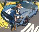  1girl asymmetrical_legwear autumn_leaves aviator_sunglasses baronilu belt black_gloves black_socks black_thighhighs blue_ribbon boots breasts brown_boots brown_hair commission cropped_jacket crossed_legs denim denim_shorts eyewear_on_head ford_mustang girls'_frontline gloves grizzly_mkv_(girls'_frontline) grizzly_win_mag hair_intakes highres holding holding_key holster jacket key lamppost large_breasts leaf long_sleeves looking_at_viewer medium_hair midriff open_clothes open_jacket outdoors outstretched_hand partially_fingerless_gloves purple_eyes ribbon short_shorts shorts skeb_commission smile socks solo striped_ribbon sunglasses thigh_strap thighhighs tree two-tone_gloves white_ribbon yellow_gloves 