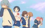  3girls bad_id bad_pixiv_id blush braid carrying hair_tubes holding_hands inazuma_eleven_(series) inazuma_eleven_go jacket kariya_masaki kirino_ranmaru long_hair multiple_boys multiple_girls open_mouth pantyhose princess_carry purple_legwear ribbon school_uniform seto_midori shindou_takuto short_hair skirt sleeves_rolled_up smile sorano_aoi track_jacket twin_braids twintails yamana_akane yuzudaze 