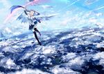  angel_wings bad_id bad_pixiv_id bare_shoulders black_legwear blue_eyes blue_hair boots cloud detached_sleeves eighth_note flying hatsune_miku highres long_hair magic musical_note skirt sky solo thigh_boots thighhighs twintails ume_(plumblossom) very_long_hair vocaloid wand wings zettai_ryouiki 
