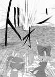  child cirno comic daiyousei doujinshi explosion fairy_wings greyscale ice ice_wings judo_fuu long_hair monochrome multiple_girls short_hair touhou wings 