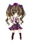  asahana_jun blush brown_eyes brown_hair cellphone checkered checkered_skirt chibi geta himekaidou_hatate necktie phone skirt solo tengu-geta touhou twintails 