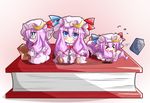  &gt;_&lt; bespectacled blue_eyes book bow closed_eyes crescent dress glasses hair_bow hat long_hair minigirl multiple_girls multiple_persona patchouli_knowledge purple_hair sitting smile touhou warabi_mochi_(ehimedaisuki) 