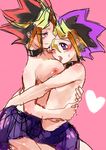  1boy 1girl atem breasts collar genderswap heart hug multicolored_hair mutou_yuugi skirt topless two-tone_hair yami_yuugi yu-gi-oh! yugi_muto yuu-gi-ou_duel_monsters 