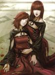  artist_request blood closed_eyes death devola green_eyes long_hair moire multiple_girls nier nier_(series) official_art open_mouth pants popola red_hair scan siblings sisters spoilers tears twins 