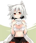  animal_ears bare_shoulders blush bra breasts brown_eyes cleavage detached_sleeves highres inubashiri_momiji large_breasts lingerie looking_at_viewer maturiuta_sorato no_hat no_headwear red_eyes shirt_lift short_hair silver_hair simple_background skirt smile solo touhou underwear upper_body white_bra white_hair wolf_ears 