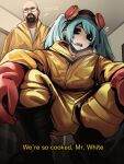  1boy 1girl bald beard black_boots black_eyes blue_hair boots breaking_bad brown_facial_hair commentary crossover english_commentary english_text facial_hair full_body gas_mask glasses gloves hatsune_miku hazmat_suit highres hood hood_down indoors long_hair long_sleeves looking_at_viewer looking_down mask mask_on_head mikuneki open_mouth parted_bangs red_gloves solo_focus squatting talking twintails vocaloid walter_white 