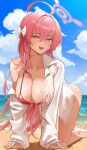 1girl :d absurdres ahoge all_fours barefoot beach bikini blue_archive blue_sky blush bow braid breasts cleavage cloud collarbone commentary day eyelashes full_body green_eyes hair_between_eyes hair_bow hair_intakes halo halterneck hanako_(blue_archive) hanako_(swimsuit)_(blue_archive) hanging_breasts highres huge_ahoge juice_gukbap large_breasts long_hair looking_at_viewer ocean official_alternate_costume open_mouth outdoors oversized_clothes oversized_shirt pink_hair pink_halo red_bikini see-through_clothes see-through_shirt shirt sidelighting sidelocks single_bare_shoulder single_braid sky smile solo sparkle swimsuit teeth thighs tsurime upper_teeth_only very_long_hair wet wet_clothes wet_shirt white_bow 