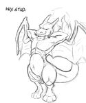  balls black_and_white charizard dragon fire greed_(artist) male monochrome muscles nintendo penis pinup plain_background pok&#233;mon pok&#233;morph pok&eacute;mon pose scalie sentientsocks sketch solo video_games white_background wings 