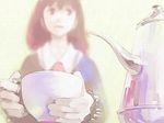  blurry brown_hair copyright_request cup depth_of_field faux_traditional_media hands kettle looking_away pomodorosa school_uniform solo teacup 