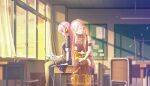  2girls arm_tattoo black_jacket black_shirt black_shoes black_skirt blue_eyes blurry boots breasts brooch chair chalkboard classroom closed_eyes closed_mouth colorful_palette curtains depth_of_field desk detached_sleeves dual_persona game_cg headset highres hinomori_shiho holding holding_picture_frame hoshino_ichika_(project_sekai) jacket jewelry kimi_to_sekai_no_hajimari_de_(project_sekai) leo/need_(project_sekai) leo/need_luka long_hair looking_at_object megurine_luka mochizuki_honami multiple_girls number_tattoo official_art phenny_(project_sekai) photo_(object) picture_frame pink_hair project_sekai shirt shoes side_slit single_detached_sleeve sitting skirt sleeveless sleeveless_shirt smile sunset tattoo tenma_saki third-party_source triangle u_u very_long_hair vocaloid window yellow_boots yellow_sleeves 