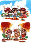  6+girls ^^^ absurdres animal arguing autumn autumn_leaves backpack bag black_pantyhose black_serafuku black_shirt black_shoes black_skirt black_socks blue_bag blue_jacket blue_skirt bow brown_eyes brown_hair brown_jacket brown_shoes bug butterfly chibi chibi_only closed_mouth cloud comedic_sweatdrop commentary_request day duffel_bag endou_akira falling_leaves fang flower flying_sweatdrops frog green_skirt hairband hand_on_own_cheek hand_on_own_face hand_on_own_hip highres holding holding_map hosaka_miyuki hoshino_asuka jacket kokomahi leaf loafers long_hair looking_at_another looking_back loose_socks map medium_hair miniskirt morii_kaho multiple_girls nanase_yuu notice_lines official_art one_eye_closed open_mouth orange_bag orange_hairband orange_jacket outdoors pantyhose pleated_skirt pointing red_bag red_hairband red_ribbon red_skirt ribbon sailor_collar school_uniform sentimental_graffiti serafuku shirt shoes short_hair skirt smile socks squirrel standing tree walking white_flower white_sailor_collar white_shirt white_socks yamamoto_rurika yellow_bow yellow_butterfly 