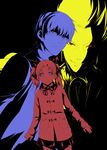  2boys bad_id bad_pixiv_id blue blue_eyes child fate/zero fate_(series) flat_color gilgamesh hair_ribbon high_contrast kirieppa kotomine_kirei multiple_boys multiple_monochrome red red_eyes ribbon spot_color toosaka_rin twintails yellow younger 