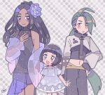  3girls :d :o alternate_costume bare_shoulders black_dress black_hair black_necktie black_pants black_shirt blush_stickers crop_top dark-skinned_female dark_skin dress flower geeta_(pokemon) green_hair grey_background grey_dress grey_eyes hair_flower hair_ornament highres jacket long_hair looking_at_another multiple_girls navel necktie off-shoulder_jacket off_shoulder pants pokemon pokemon_sv ponytail poppy_(pokemon) purple_eyes purple_flower purple_jacket remoooon rika_(pokemon) see-through_clothes see-through_jacket shirt shrug_(clothing) simple_background sleeveless sleeveless_dress smile standing upper_body white_shrug 