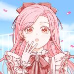  1girl bare_shoulders bead_bracelet beads blue_sky bow bow_earrings bowtie bracelet brooch brown_eyes brown_pupils chinese_commentary cloud collared_shirt colored_eyelashes commentary_request confetti day earrings floral_memory_(infinity_nikki) frilled_shirt frilled_shirt_collar frilled_wrist_cuffs frills gloves hair_bow hand_on_own_chin high_collar infinity_nikki jewelry kfc light_blush lipstick lofter_30955337 long_hair looking_at_viewer makeup nikki_(nikki) nikki_(series) official_alternate_color open_mouth outdoors pink_hair railing red_bow red_bowtie shirt sky sleeveless sleeveless_shirt solo striped_clothes striped_shirt surprised teeth upper_body upper_teeth_only vertical-striped_clothes vertical-striped_shirt very_long_hair white_gloves white_shirt white_wrist_cuffs wrist_bow wrist_cuffs 