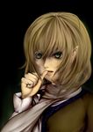  aura biting black_background blonde_hair blood face green_eyes hands highres lips looking_away lucia_(artist) mizuhashi_parsee pointy_ears scarf short_hair slit_pupils solo teeth thumb_biting touhou 