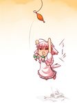  &gt;_&lt; akisame_ruu animal_ears apron arms_up blue_dress boned_meat braid chibi closed_eyes dog_ears dog_tail dress fang fishing_line food hair_ribbon inu_sakuya izayoi_sakuya jumping kemonomimi_mode maid maid_headdress meat open_mouth pink_hair ribbon solo tail tears teasing touhou twin_braids 