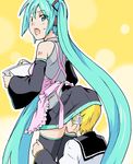  1girl apron aqua_eyes aqua_hair bad_id bad_pixiv_id china_(ekimore) detached_sleeves hatsune_miku head_under_skirt headphones hetero kagamine_len long_hair looking_back open_mouth skirt thighhighs twintails under_skirt very_long_hair vocaloid 