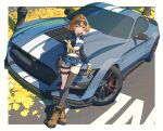  1girl asymmetrical_legwear autumn_leaves aviator_sunglasses baronilu belt black_gloves black_socks black_thighhighs blue_ribbon boots border breasts brown_boots brown_hair commission cropped_jacket crossed_legs denim denim_shorts eyewear_on_head ford_mustang girls'_frontline gloves grizzly_mkv_(girls'_frontline) grizzly_win_mag hair_intakes highres holding holding_key holster jacket key lamppost large_breasts leaf long_sleeves looking_at_viewer medium_hair midriff open_clothes open_jacket outdoors outstretched_hand partially_fingerless_gloves purple_eyes ribbon short_shorts shorts skeb_commission smile socks solo striped_ribbon sunglasses thigh_strap thighhighs tree two-tone_gloves white_border white_ribbon yellow_gloves 