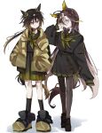  2girls ahoge animal_ears bkv8j black_hair black_pantyhose black_sailor_collar black_shirt black_socks blue_eyes brown_eyes brown_hair closed_mouth coat dream_journey_(umamusume) ear_covers eyewear_strap glasses gradient_clothes gradient_eyes gradient_skirt hair_between_eyes hands_in_pockets highres horse_ears horse_girl horse_tail kneehighs long_hair long_sleeves multicolored_eyes multicolored_hair multiple_girls neckerchief open_clothes open_coat pantyhose pleated_skirt ponytail purple_eyes sailor_collar shirt shoes simple_background skirt smile socks stay_gold_(umamusume) streaked_hair tail umamusume white_background white_hair yellow_coat yellow_neckerchief 