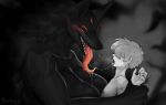 2025 5_eyes after_kiss anthro arm_grab big_breasts black_body black_ears black_fur black_inner_ear black_nose bodily_fluids breasts bunbury canid canid_demon canine canis demon dripping drooling duo eyelashes female female_anthro female_on_human fur glowing glowing_eyes grey_background hair hair_over_eyes hi_res human human_on_anthro humanoid_hands interspecies larger_anthro larger_female light_body light_skin long_tongue looking_at_another looking_at_partner male male/female male_human male_on_anthro mammal monotone_body monotone_fur multi_eye nude nude_anthro nude_female nude_human nude_male open_mouth open_smile pink_tongue red_eyes restrained saliva saliva_drip saliva_string shaded sharp_teeth side_view signature simple_background size_difference smaller_human smaller_male smile spot_color teeth tongue tongue_out wolf