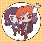  1boy 1girl abaddon_(haunted_hotel) absurdres blue_coat blue_eyes brown_coat brown_eyes brown_hair chibi chinese_commentary coat commentary_request esther_freeling haunted_hotel highres holding_hands holding_limb necktie noecho orange_hair polka_dot polka_dot_background red_necktie severed_arm severed_limb yellow_background 