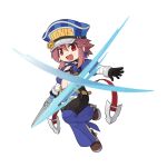  1girl :d abyss_chaser_(ragnarok_online) belt black_choker black_gloves blue_hat blue_shirt blue_shorts boots breasts brown_belt brown_boots chibi chibi_only choker crop_top dagger detached_pants full_body gloves hat holding holding_dagger holding_knife holding_weapon ignis_cap knife looking_at_viewer medium_breasts midriff navel official_art open_clothes open_mouth open_shirt pink_hair puffy_short_sleeves puffy_sleeves ragnarok_online red_eyes shirt short_sleeves shorts simple_background slashing smile solo standing standing_on_one_leg transparent_background weapon yuichirou 