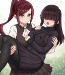  2girls absurdres ascot black_hair black_jacket black_pantyhose black_skirt black_vest blush breasts brown_hair carrying chinese_commentary commentary_request english_commentary falling_leaves green_eyes hair_over_eyes high_ponytail highres jacket kakure_meme kimi_no_koto_ga_dai_dai_dai_dai_daisuki_na_100-nin_no_kanojo large_breasts leaf long_bangs long_hair long_sleeves mixed-language_commentary mole multiple_girls open_mouth pantyhose pigsir13152 pleated_skirt ponytail princess_carry shirt skirt torotoro_kishika vest wavy_mouth white_ascot white_shirt 