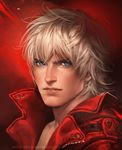  banned_artist blue_eyes dante_(devil_may_cry) devil_may_cry facial_hair highres jacket looking_at_viewer male_focus parted_lips realistic sakimichan signature solo stubble upper_body watermark white_hair 